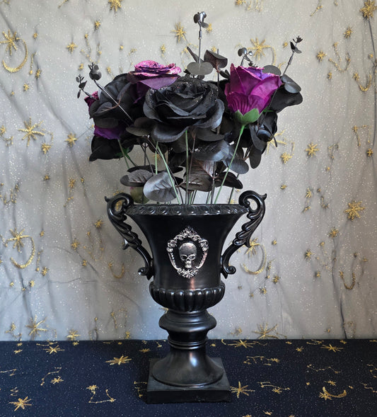 Purple and Black Roses in Skull Vase - 42cm