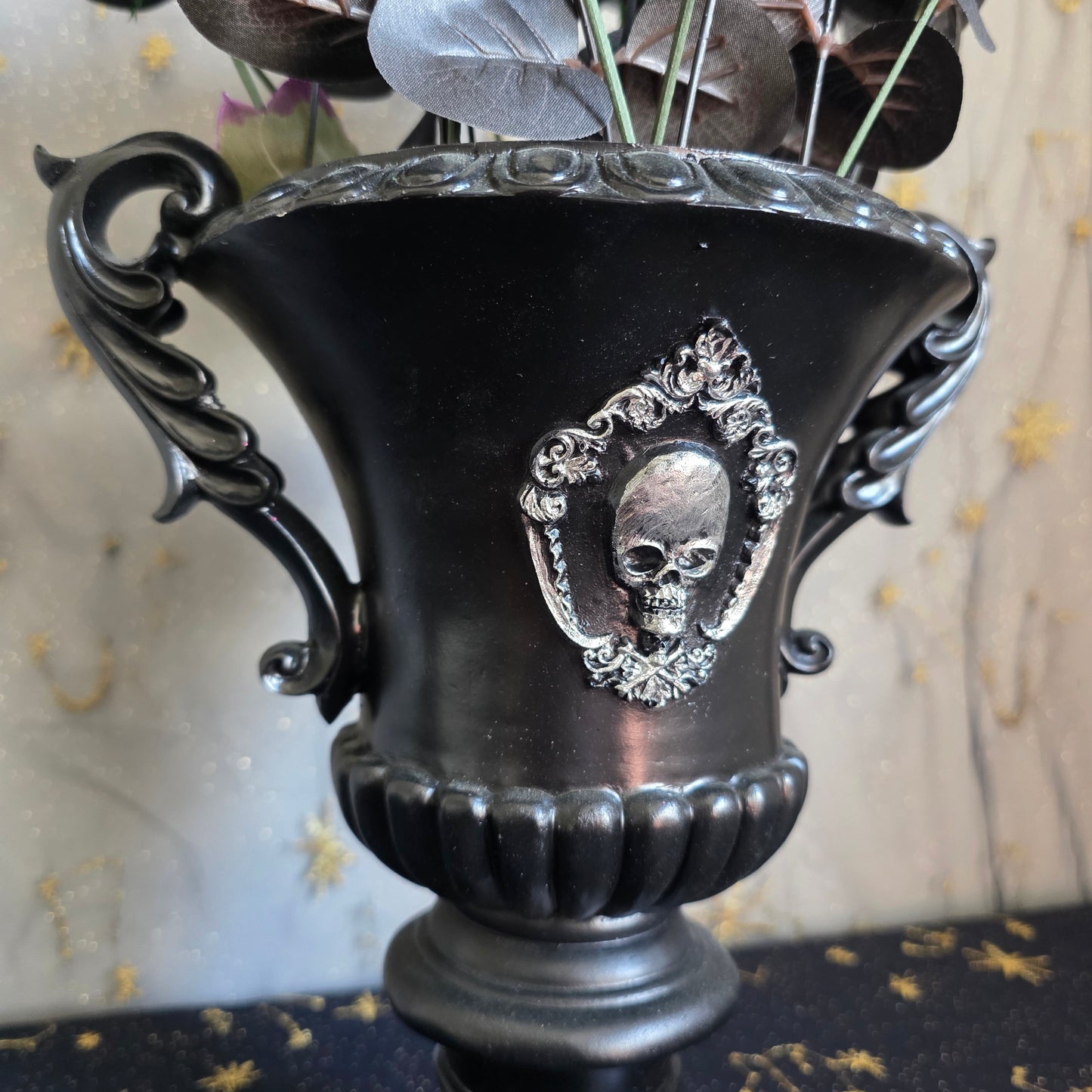 Purple and Black Roses in Skull Vase - 42cm
