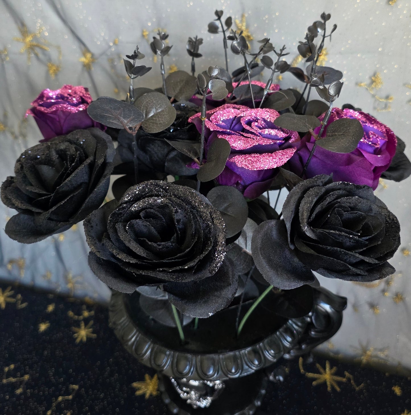 Purple and Black Roses in Skull Vase - 42cm