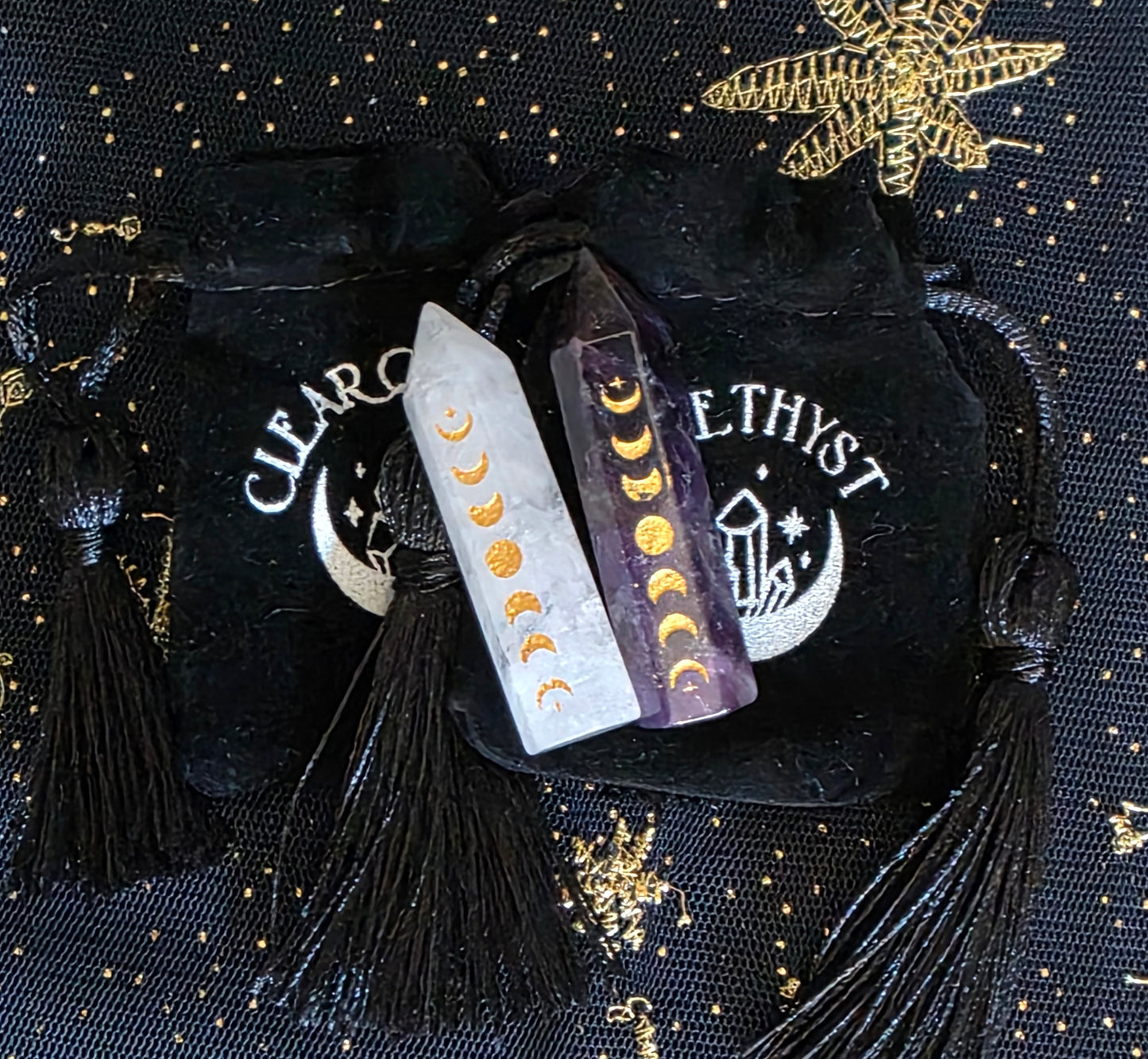 Clear Quartz or Amethyst Crystal Point with Velvet Bag – 5cm Polished Tower for Energy, Clarity & Healing
