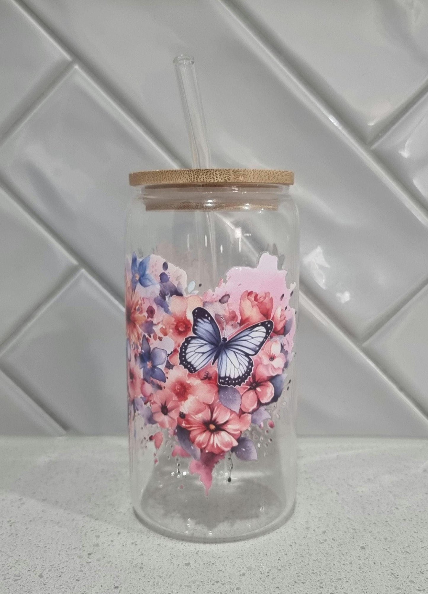 Butterfly Glass Tumbler - 16oz with Bamboo Lid