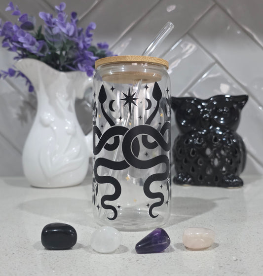 Mystic Serpent Glass Tumbler - 16oz with Bamboo Lid