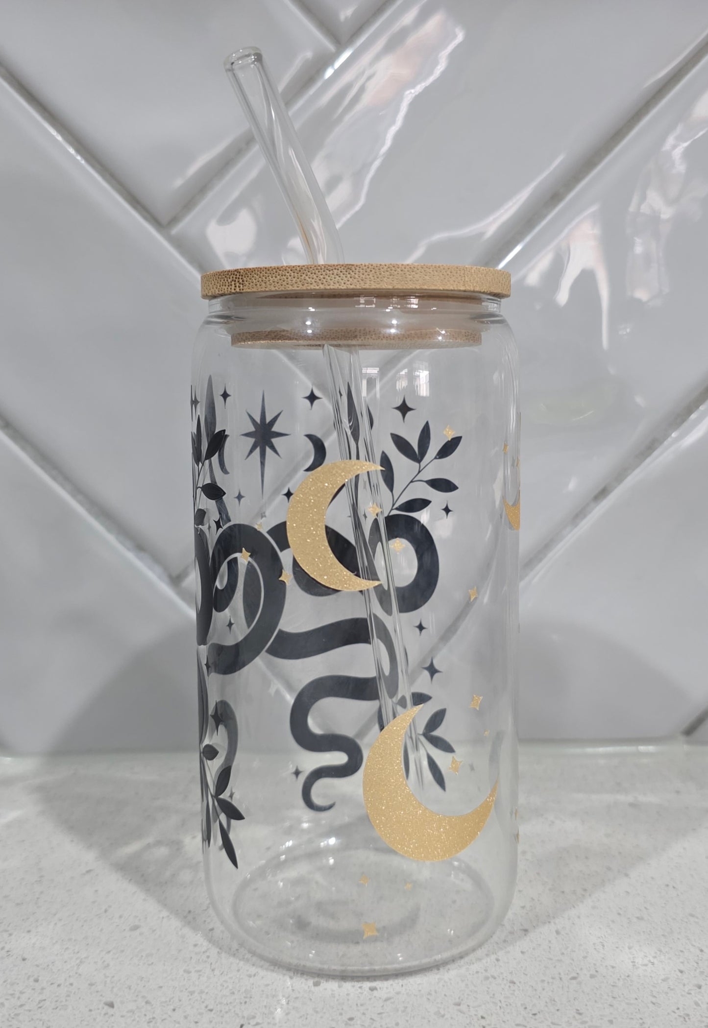 Mystic Serpent Glass Tumbler - 16oz with Bamboo Lid