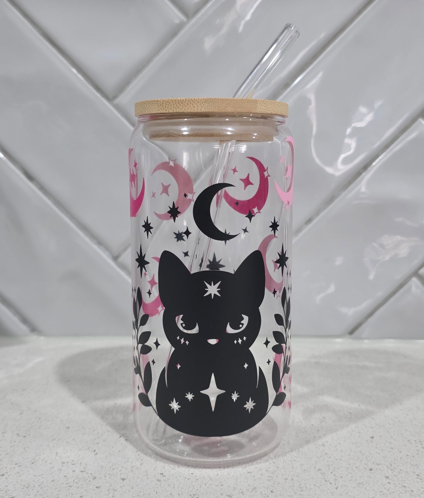 Celestial Cat Glass Tumbler - 16oz with Bamboo Lid