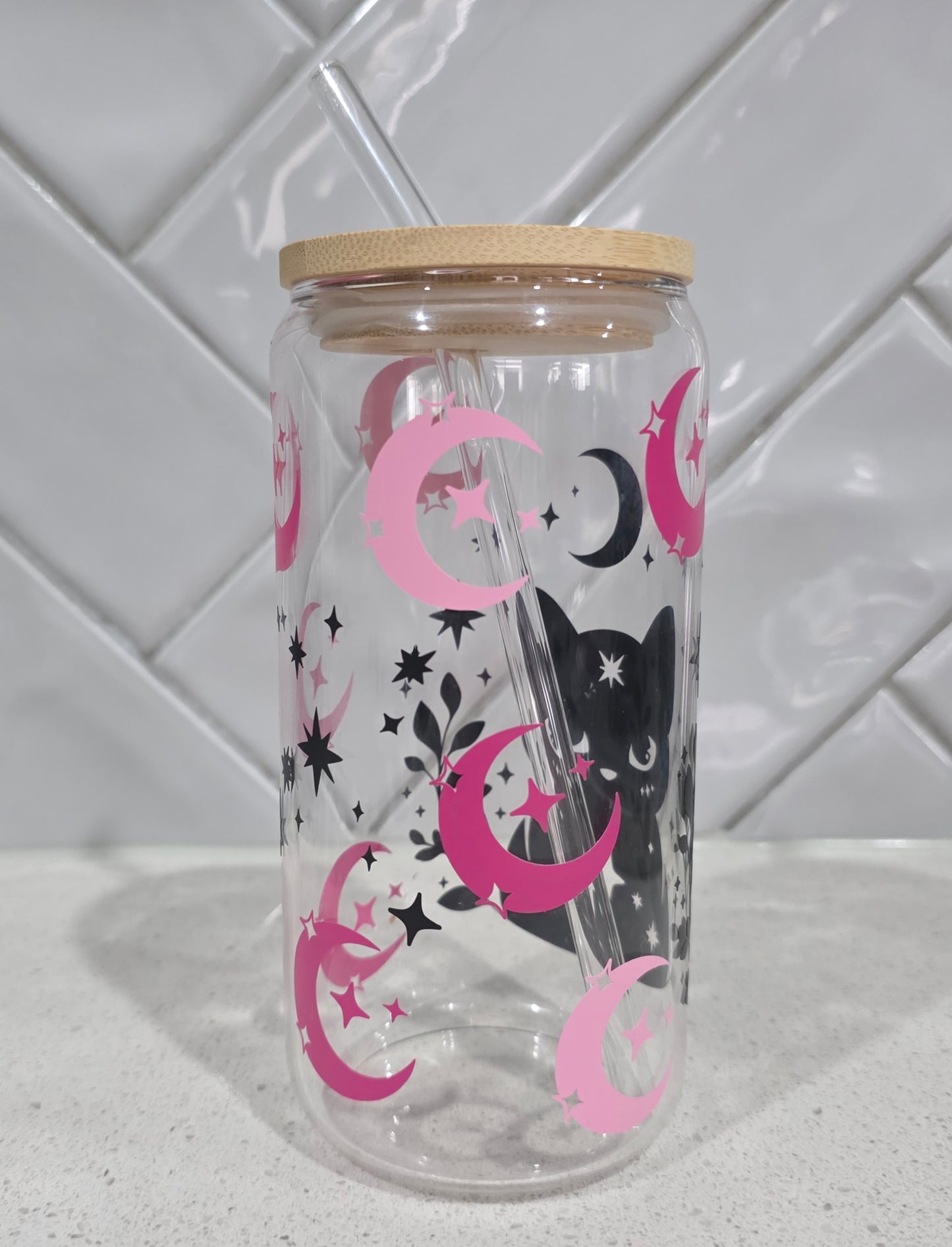 Celestial Cat Glass Tumbler - 16oz with Bamboo Lid