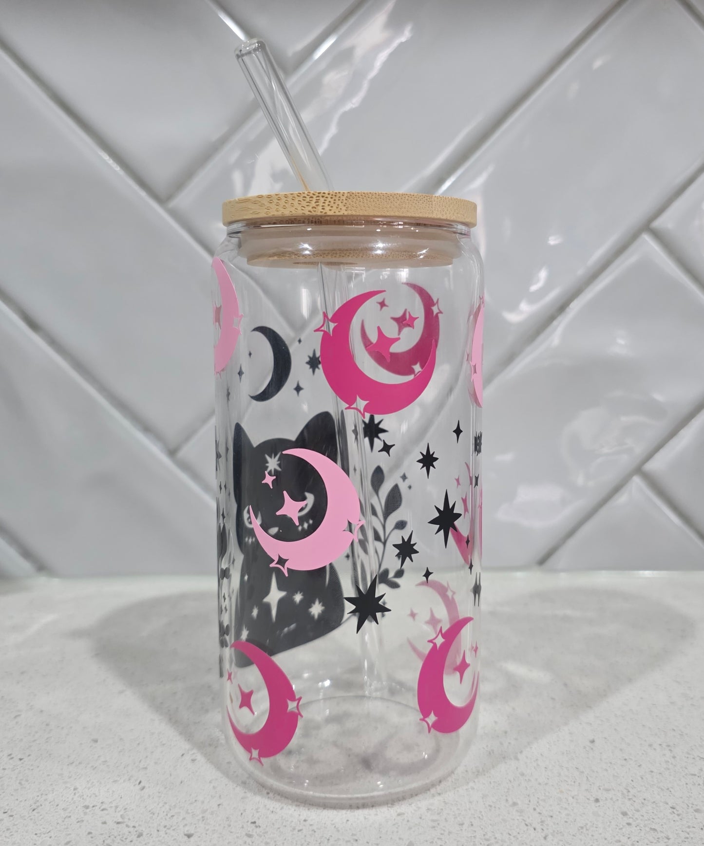 Celestial Cat Glass Tumbler - 16oz with Bamboo Lid