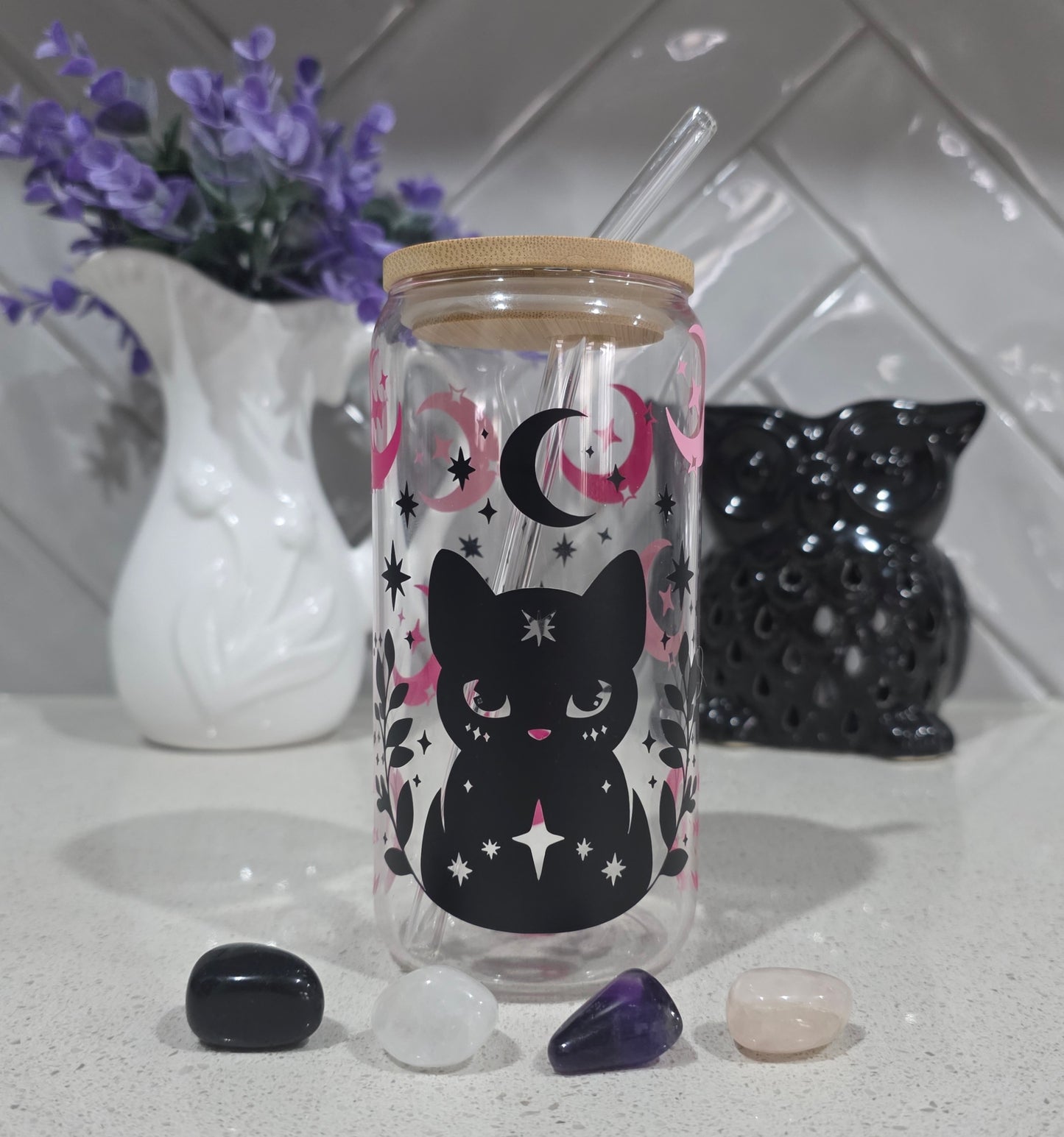 Celestial Cat Glass Tumbler - 16oz with Bamboo Lid