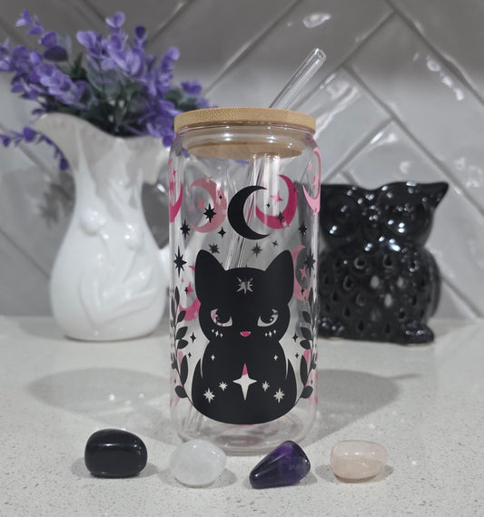 Celestial Cat Glass Tumbler - 16oz with Bamboo Lid