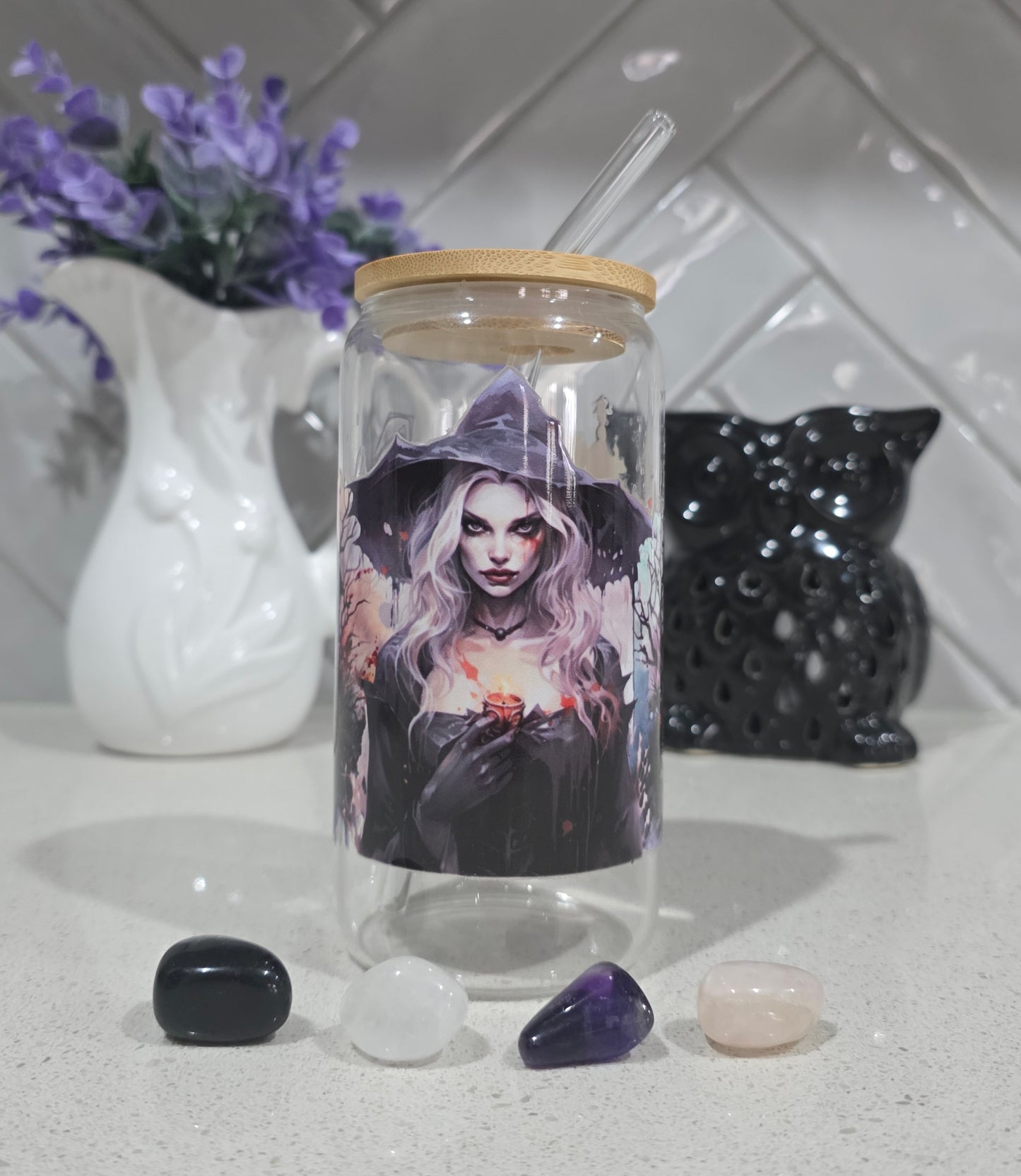 Witch & Haunted House Glass Tumbler - 16oz with Bamboo Lid