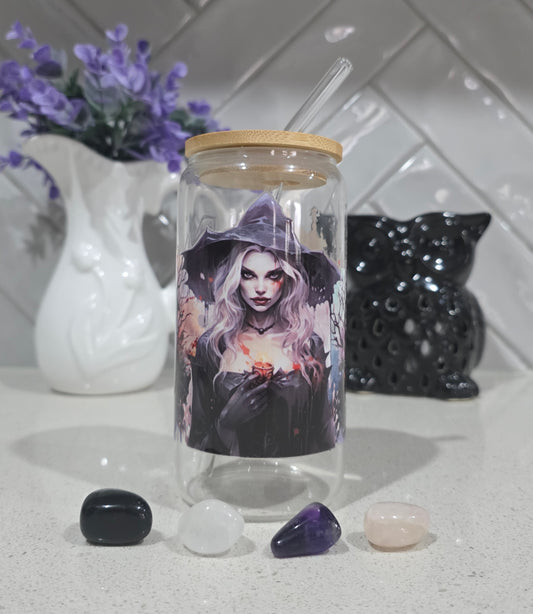 Witch & Haunted House Glass Tumbler - 16oz with Bamboo Lid