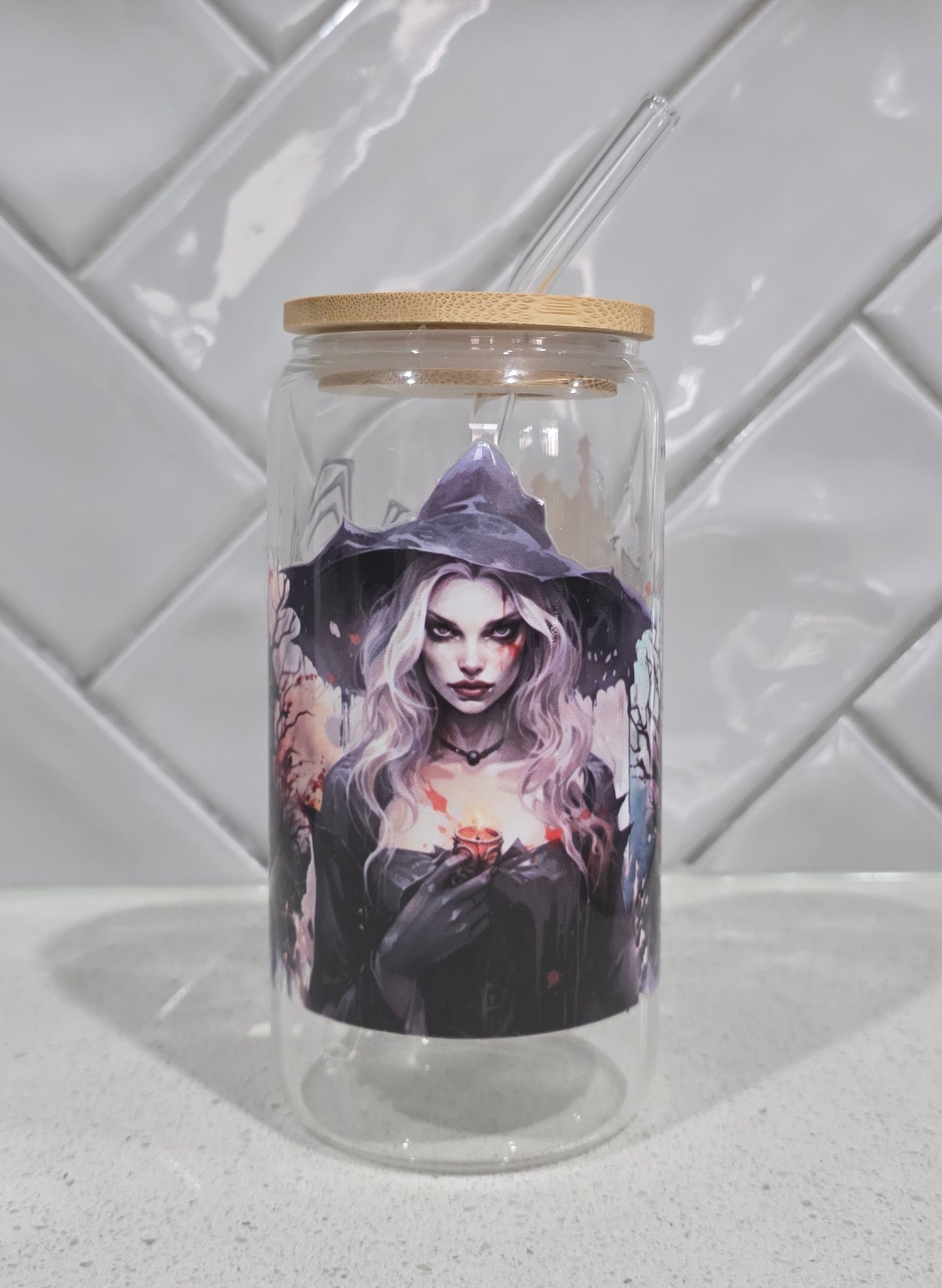 Witch & Haunted House Glass Tumbler - 16oz with Bamboo Lid