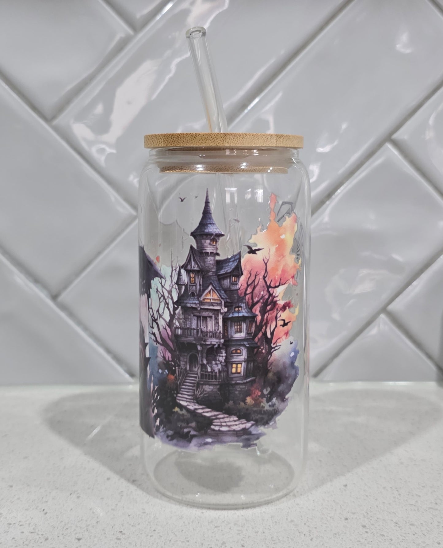 Witch & Haunted House Glass Tumbler - 16oz with Bamboo Lid