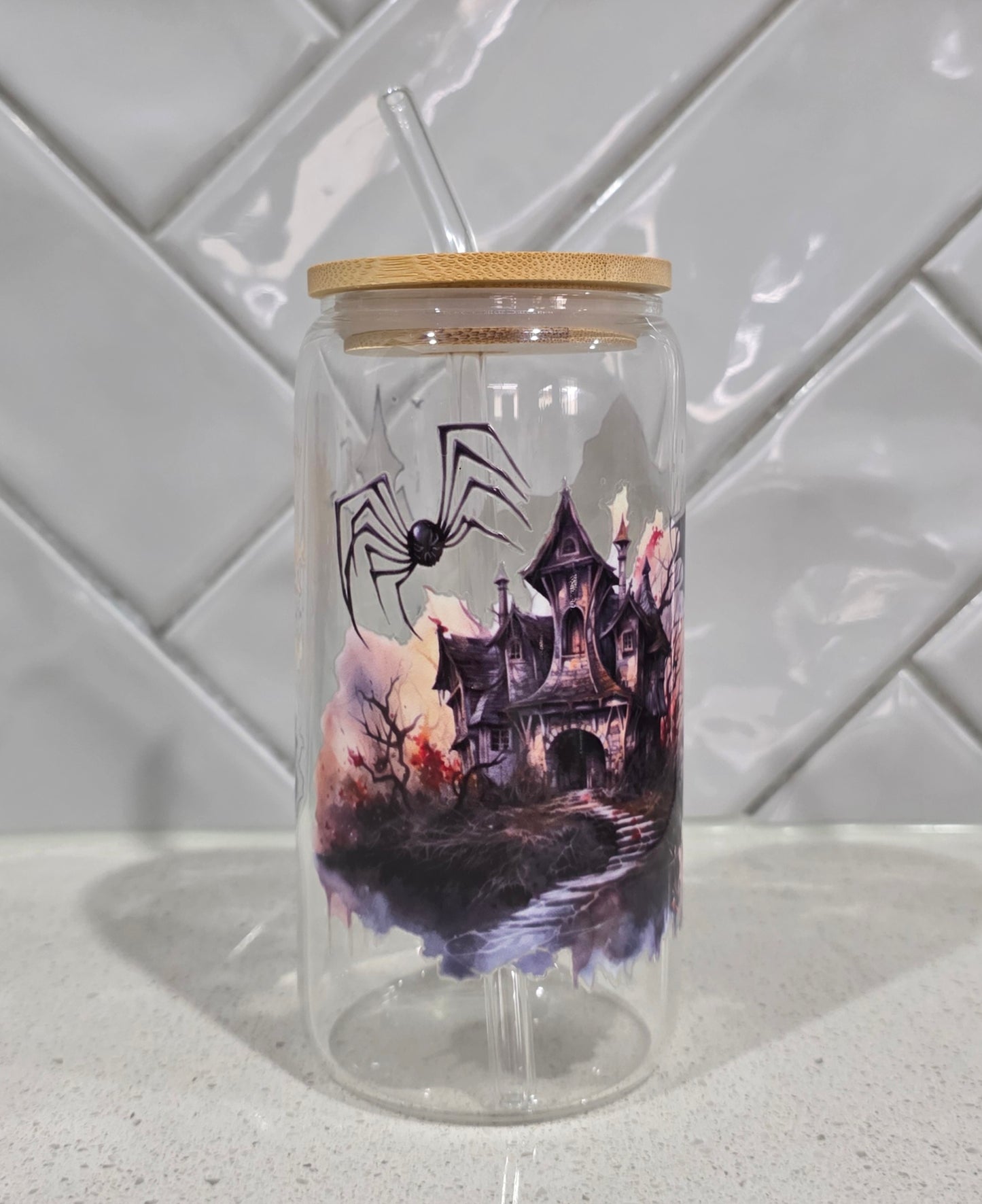 Witch & Haunted House Glass Tumbler - 16oz with Bamboo Lid