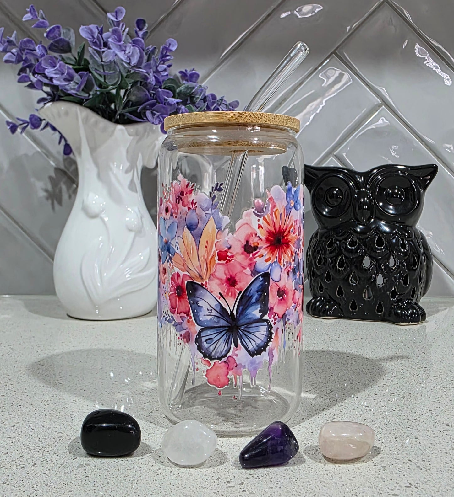 Butterfly Glass Tumbler - 16oz with Bamboo Lid