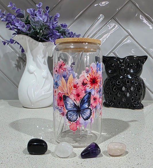 Butterfly Glass Tumbler - 16oz with Bamboo Lid
