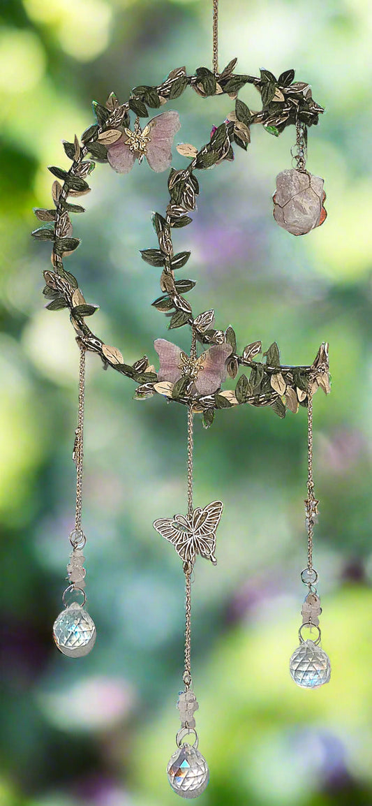 Celestial Moon & Butterfly with Quartz Crystal Suncatcher