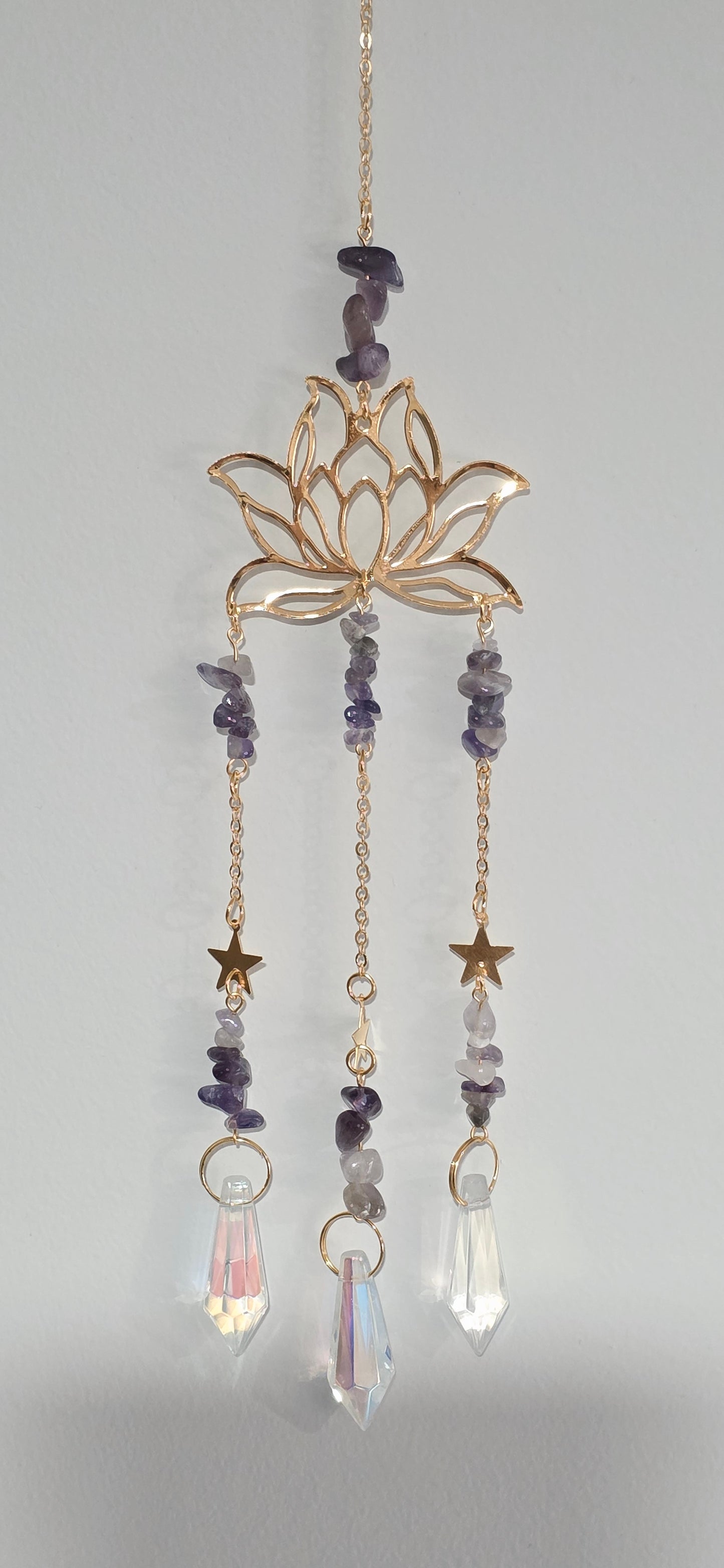 Rainbow prism, Suncatcher featuring lotus design and amethyst gemstones