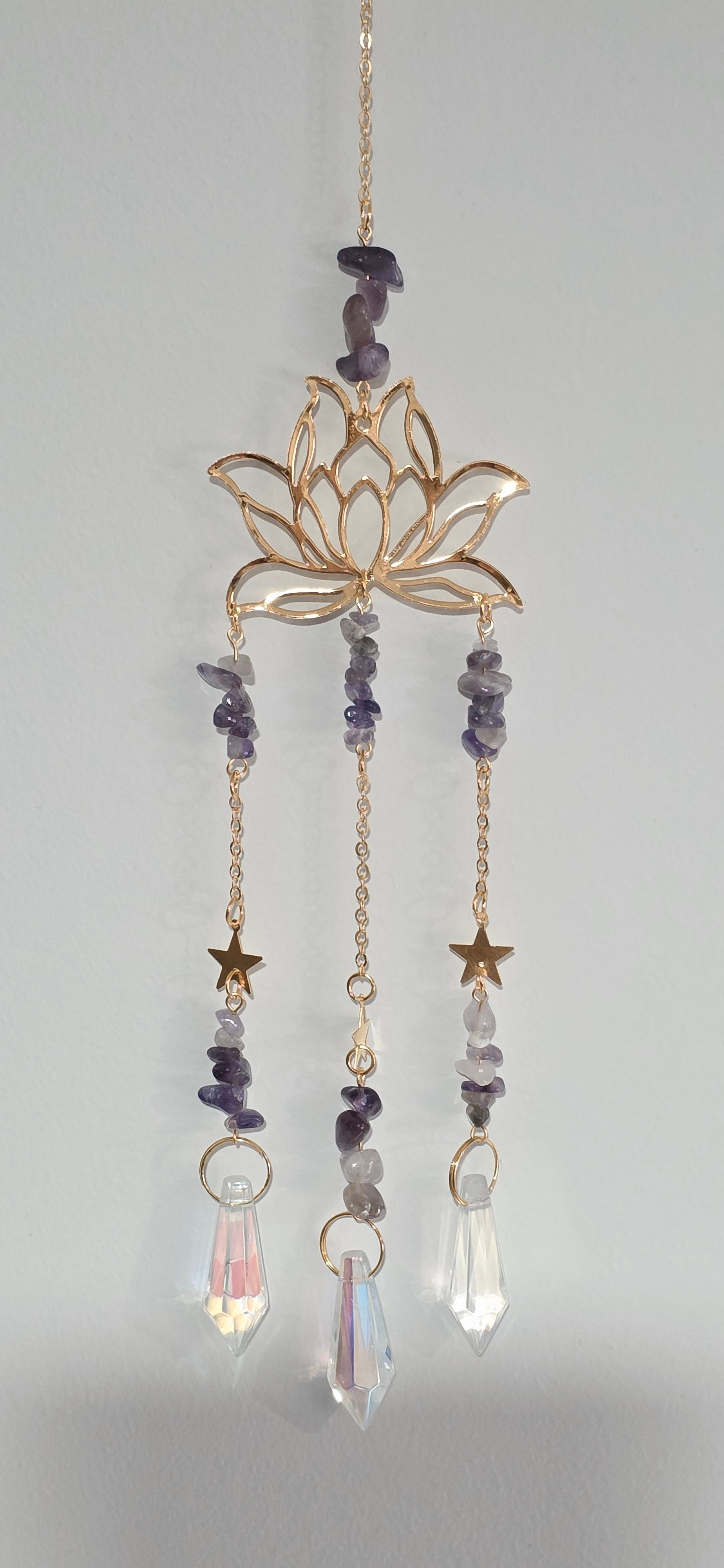 Rainbow prism, Suncatcher featuring lotus design and amethyst gemstones