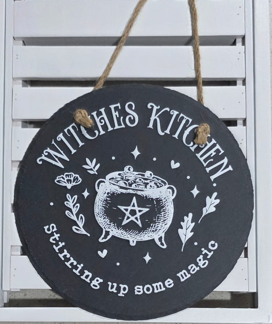 Witches Kitchen Hanging Sign – Black Slate Cauldron