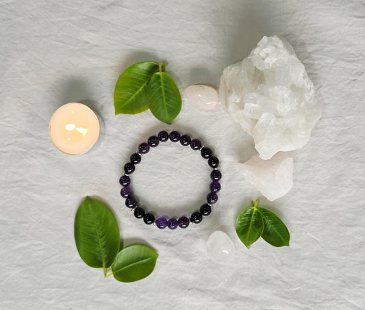 Amethyst and black obsidian crystal beaded bracelet