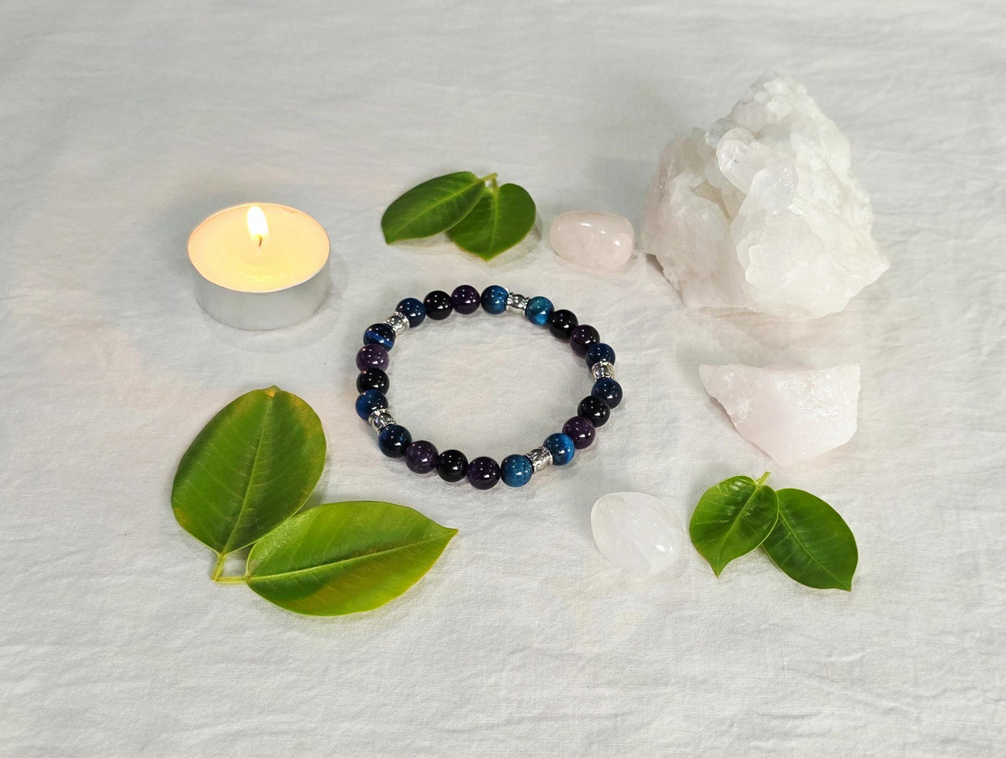 Confidence & Protection Bracelet | Blue Tiger Eye, Amethyst & Black Obsidian