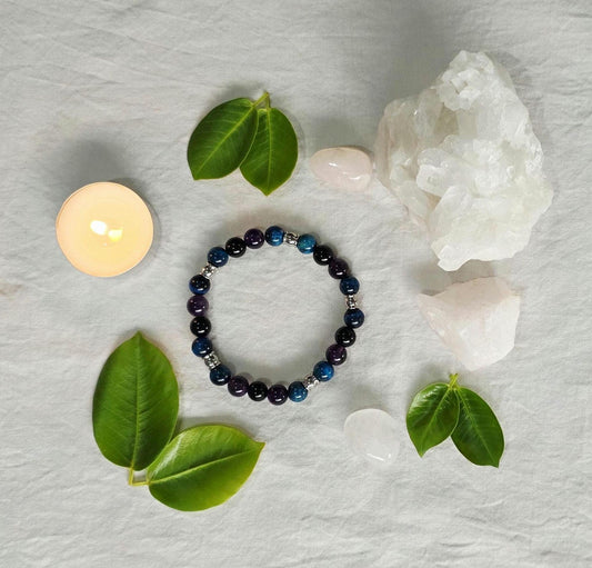 Confidence & Protection Bracelet | Blue Tiger Eye, Amethyst & Black Obsidian