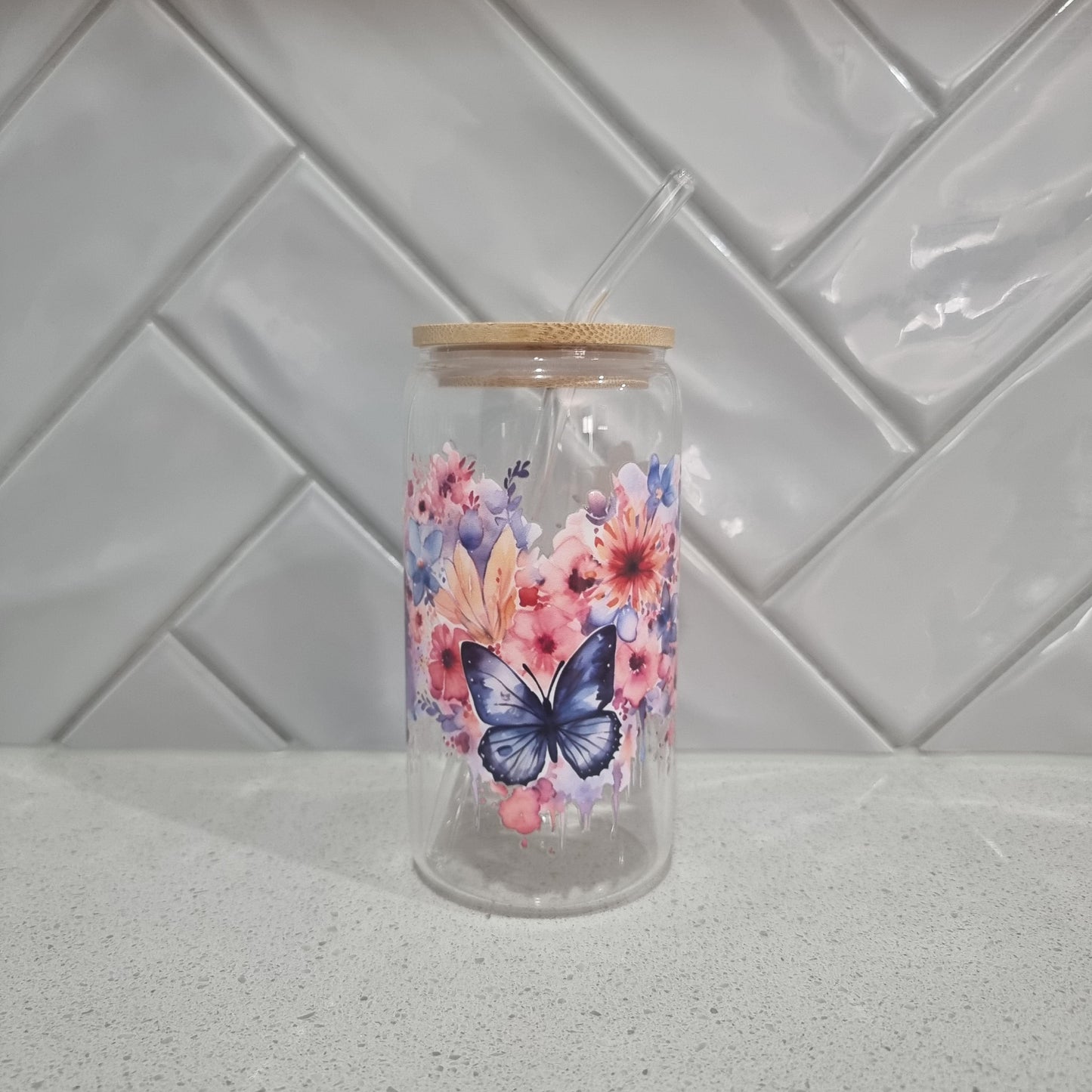 Butterfly Glass Tumbler - 16oz with Bamboo Lid