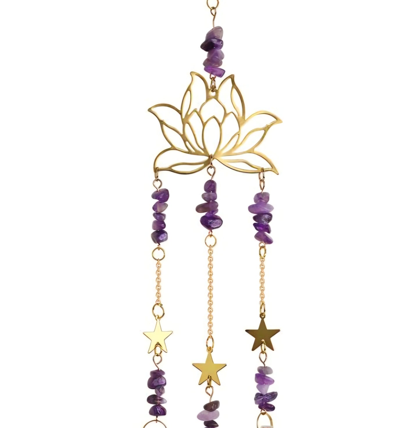 Decorative hanging suncatcher with gold lotus design and purple amethyst crystals