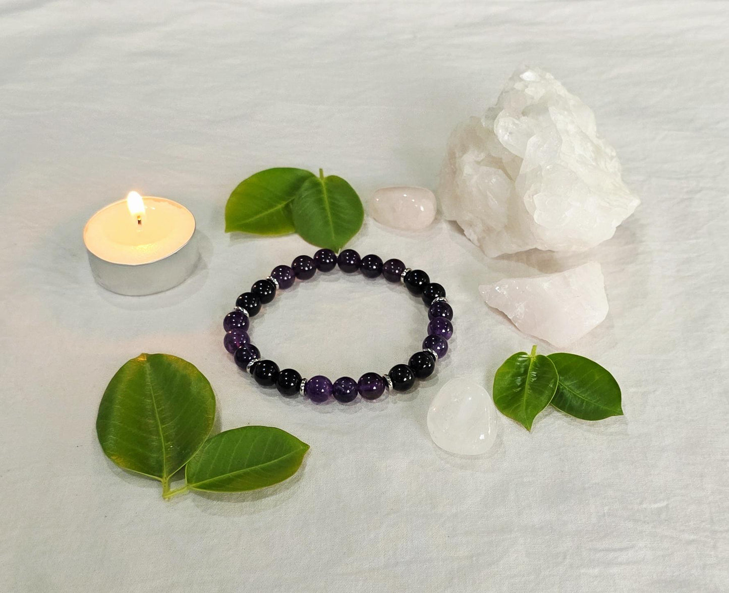 Healing and protection crystal jewelry, purple amethyst and black obsidian beaded bracelet