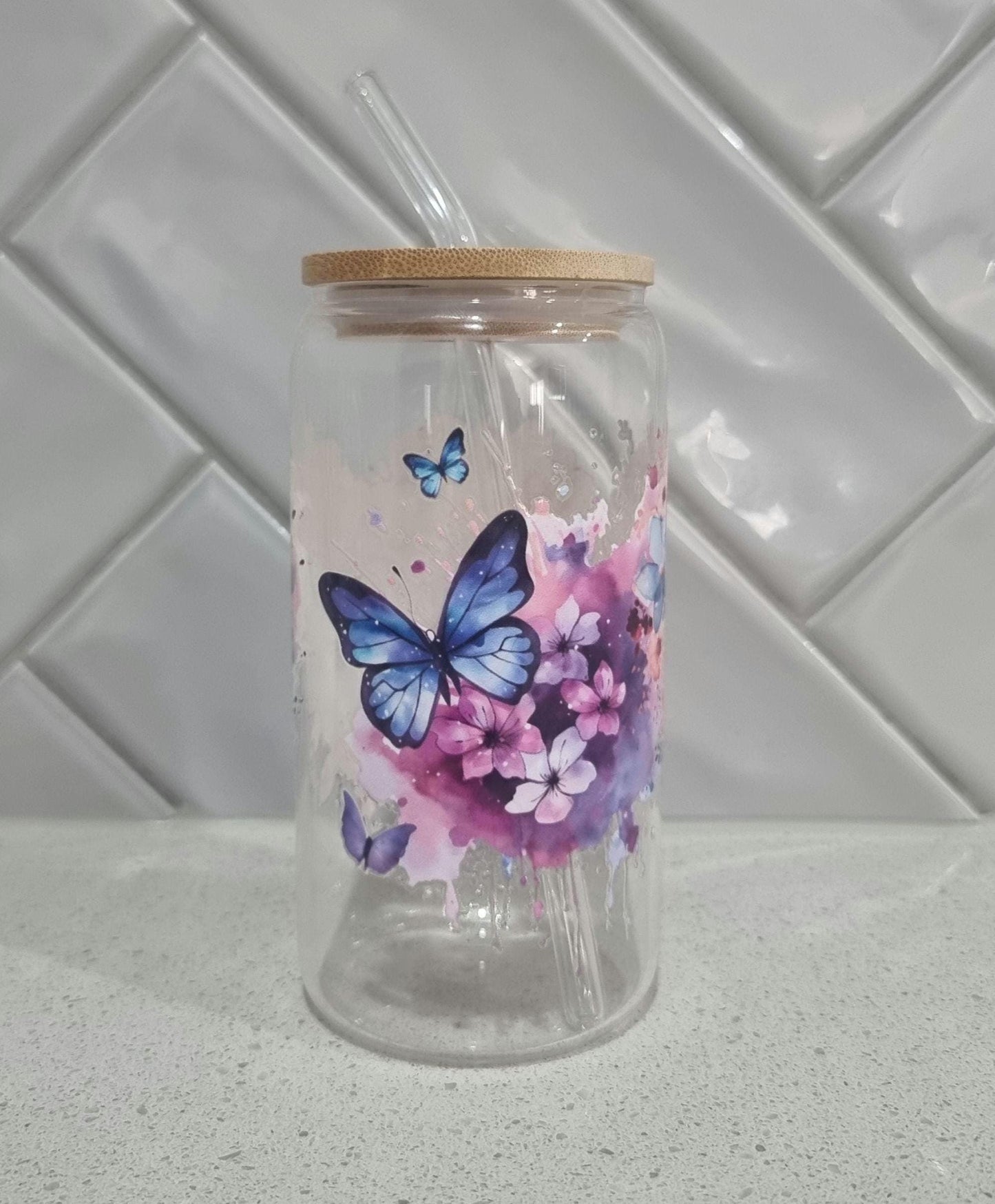 Butterfly Glass Tumbler - 16oz with Bamboo Lid