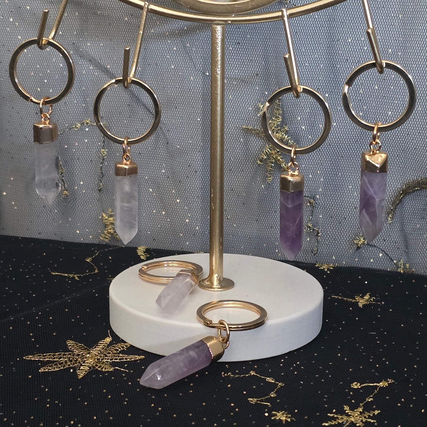 Clear Quartz or Amethyst Natural Crystal Key Ring
