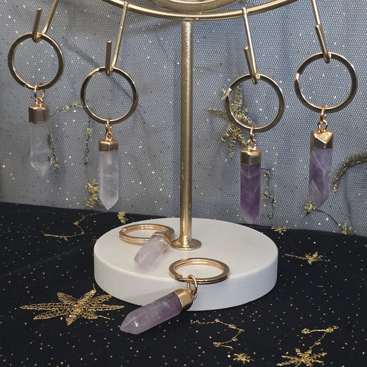 Clear Quartz or Amethyst Natural Crystal Key Ring