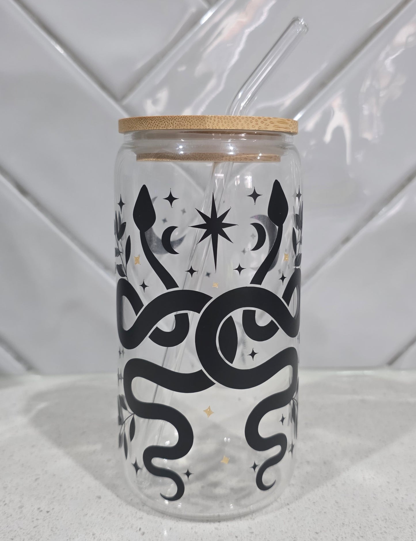 Mystic Serpent Glass Tumbler - 16oz with Bamboo Lid