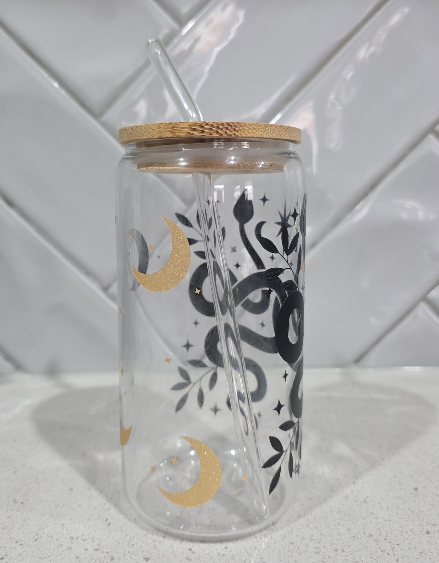 Mystic Serpent Glass Tumbler - 16oz with Bamboo Lid